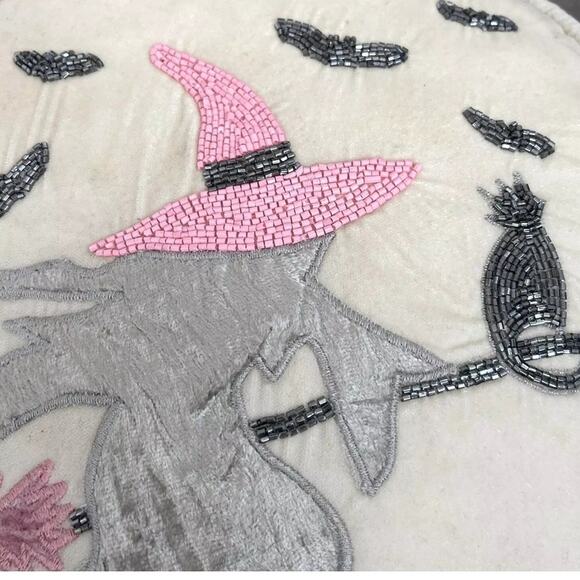RACHEL ZOE Halloween Flying Witch Pink Moon Round Toss Beaded Pillow 16x6 New - Picture 2 of 10